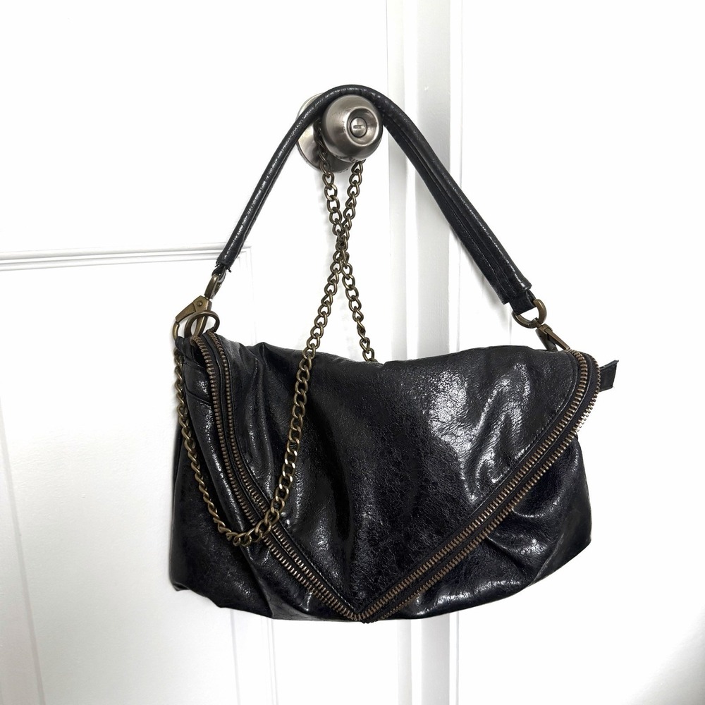 Matt & Nat Black Faux Leather Shoulder Bag Chain Accent Slouchy Chic